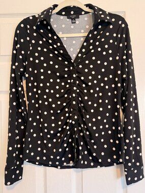 Haver London Black White Polka Dot Ruched Front Stretch Button Up Shirt S